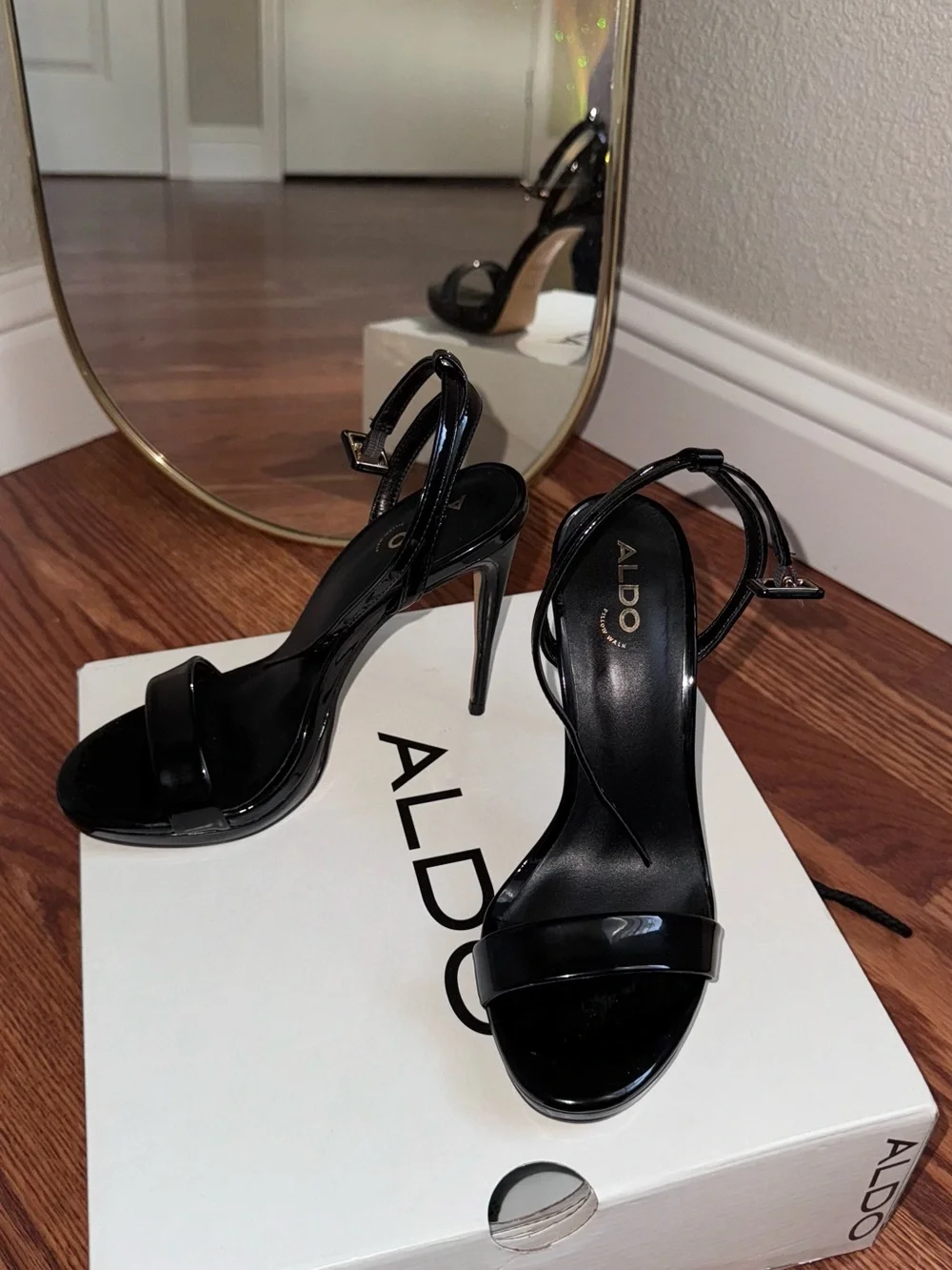 Aldo Black Patent Stiletto Sandals with Ankle Strap